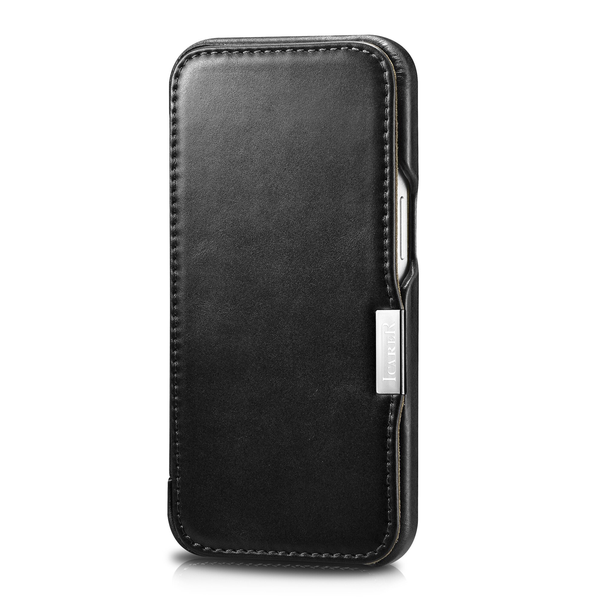Husa pentru iPhone 13 Pro, iCARER, piele naturala, tip carte, inchidere magnetica, culoare Negru