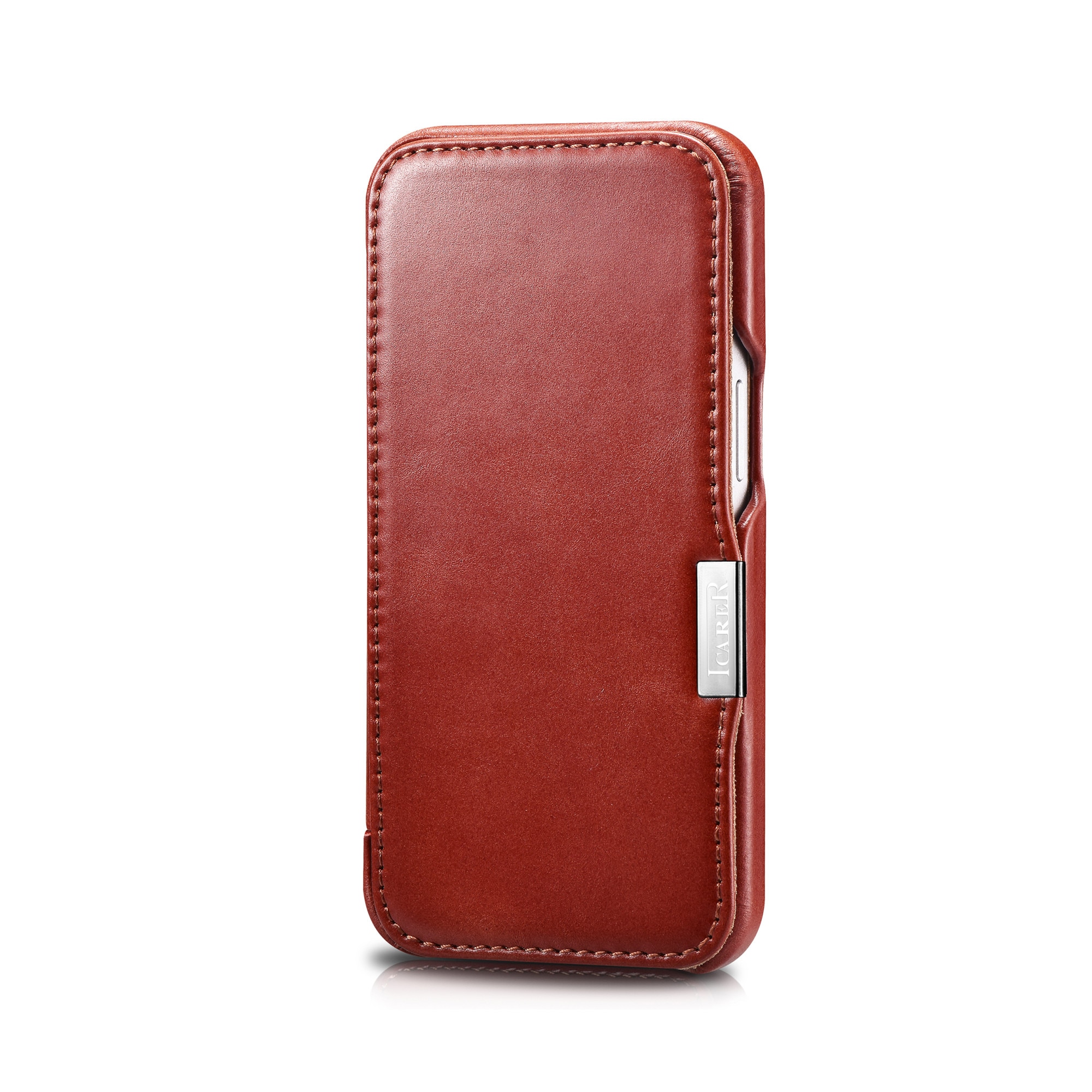 Husa pentru iPhone 13 Pro, iCARER, piele naturala, tip carte, inchidere magnetica, culoare Rosu burgund