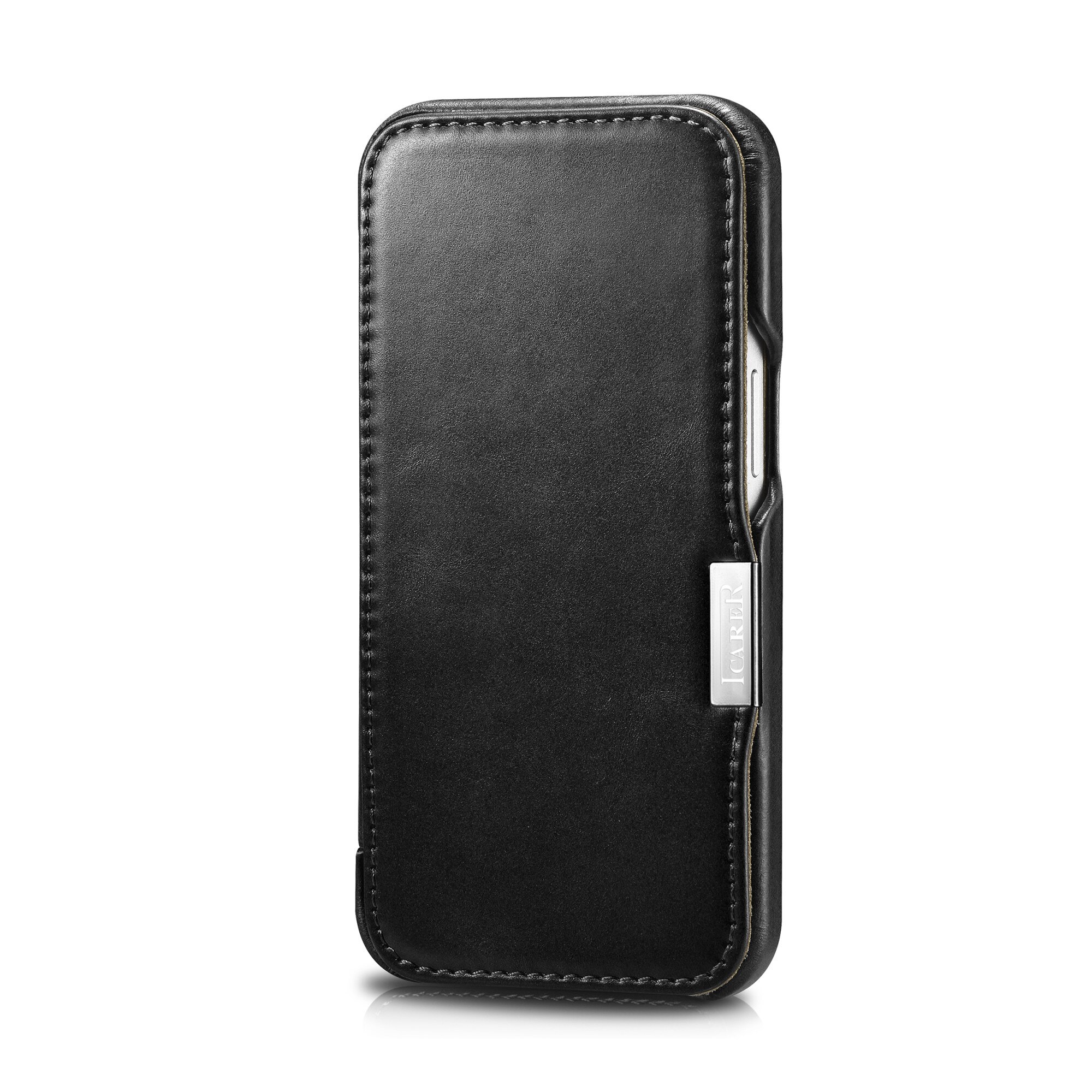 Husa pentru iPhone 13 Mini, iCARER, piele naturala, tip carte, inchidere magnetica, culoare Negru