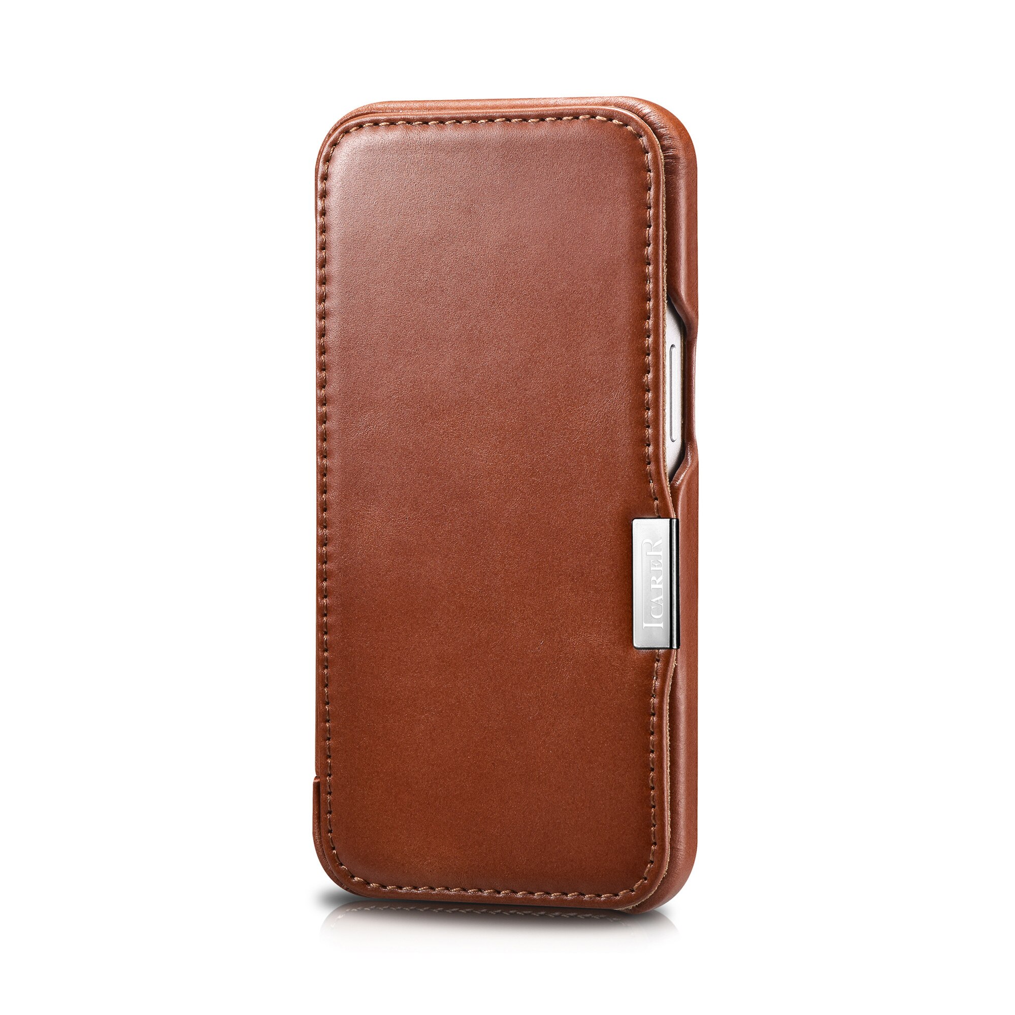 Husa pentru iPhone 13 Mini, iCARER, piele naturala, tip carte, inchidere magnetica, culoare Maro coniac