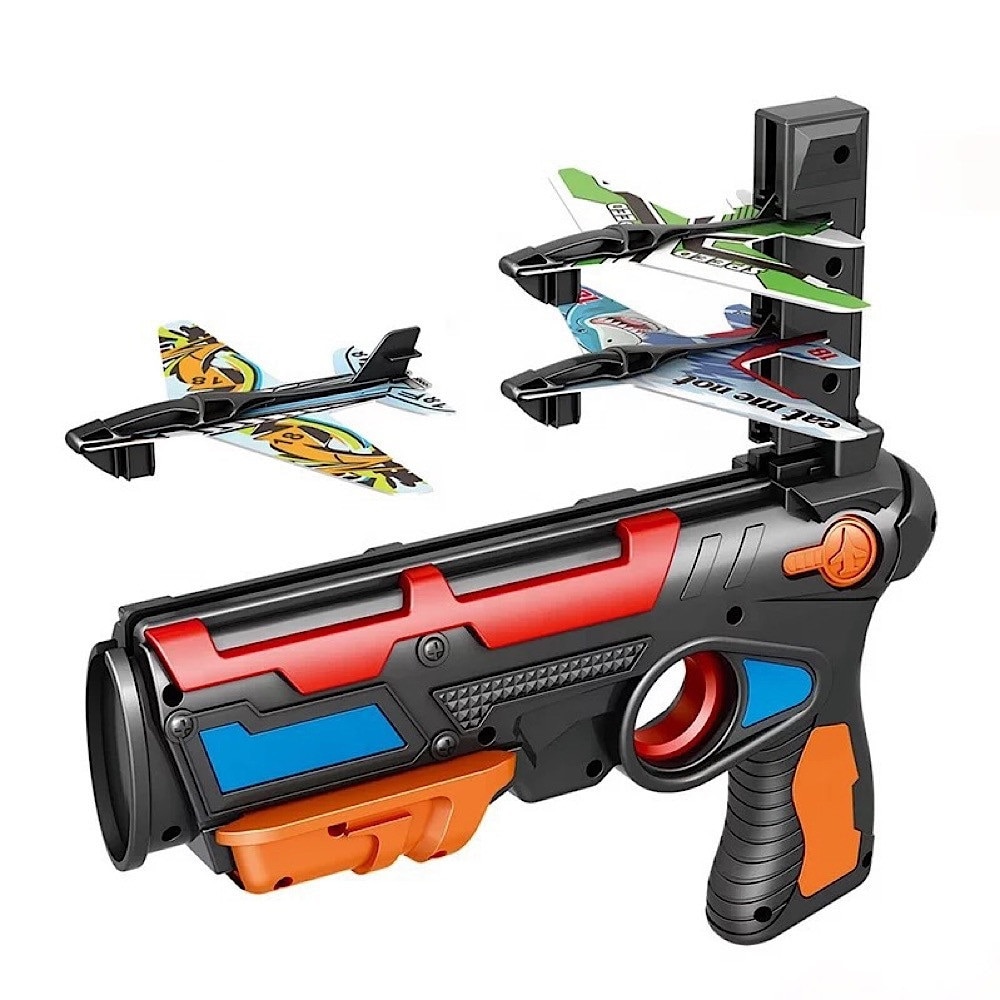 Pistol de jucarie lansator de avioane, cu 4 avioane din carton pentru copii, ATS, negru