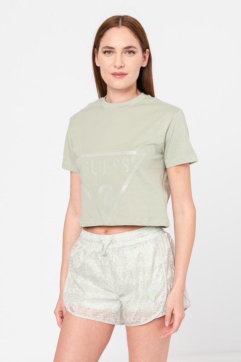 Guess, Tricou crop cu imprimeu logo pentru fitness, Verde sparanghel, S