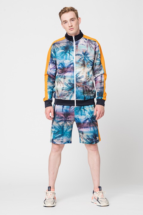 Guess, Bluza cu fermoar si model pentru fitness, Verde/Portocaliu/Albastru