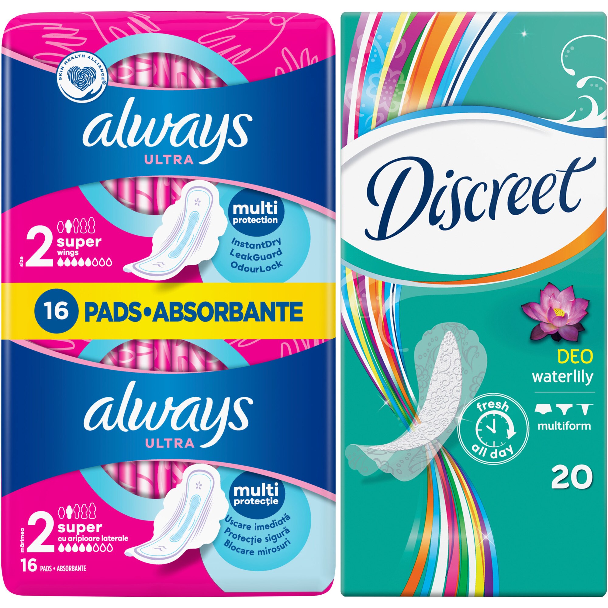 Pachet promo: Aborbante Always Ultra Super, 16 buc + Absorbante zilnice Discreet Waterlily, 20 buc
