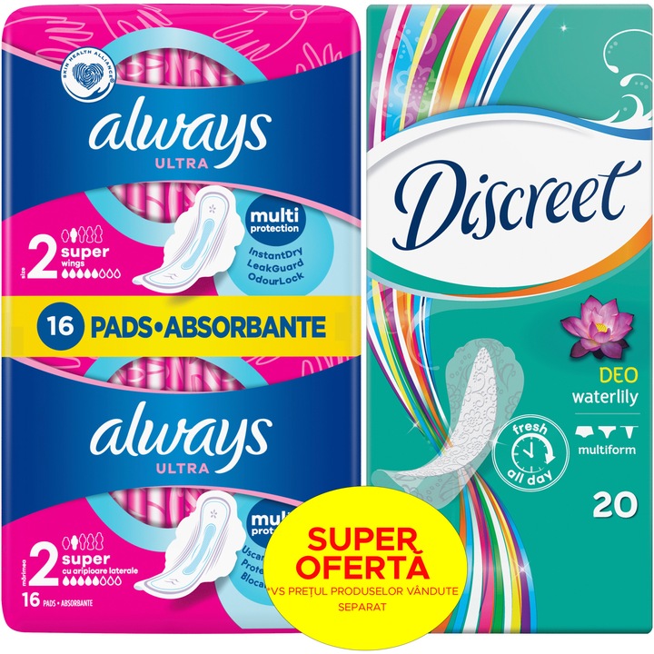Промо пакет: Дамски превръзки Always Ultra Super, 16 бр + Ежедневни превръзки Discreet Waterlily, 20 бр