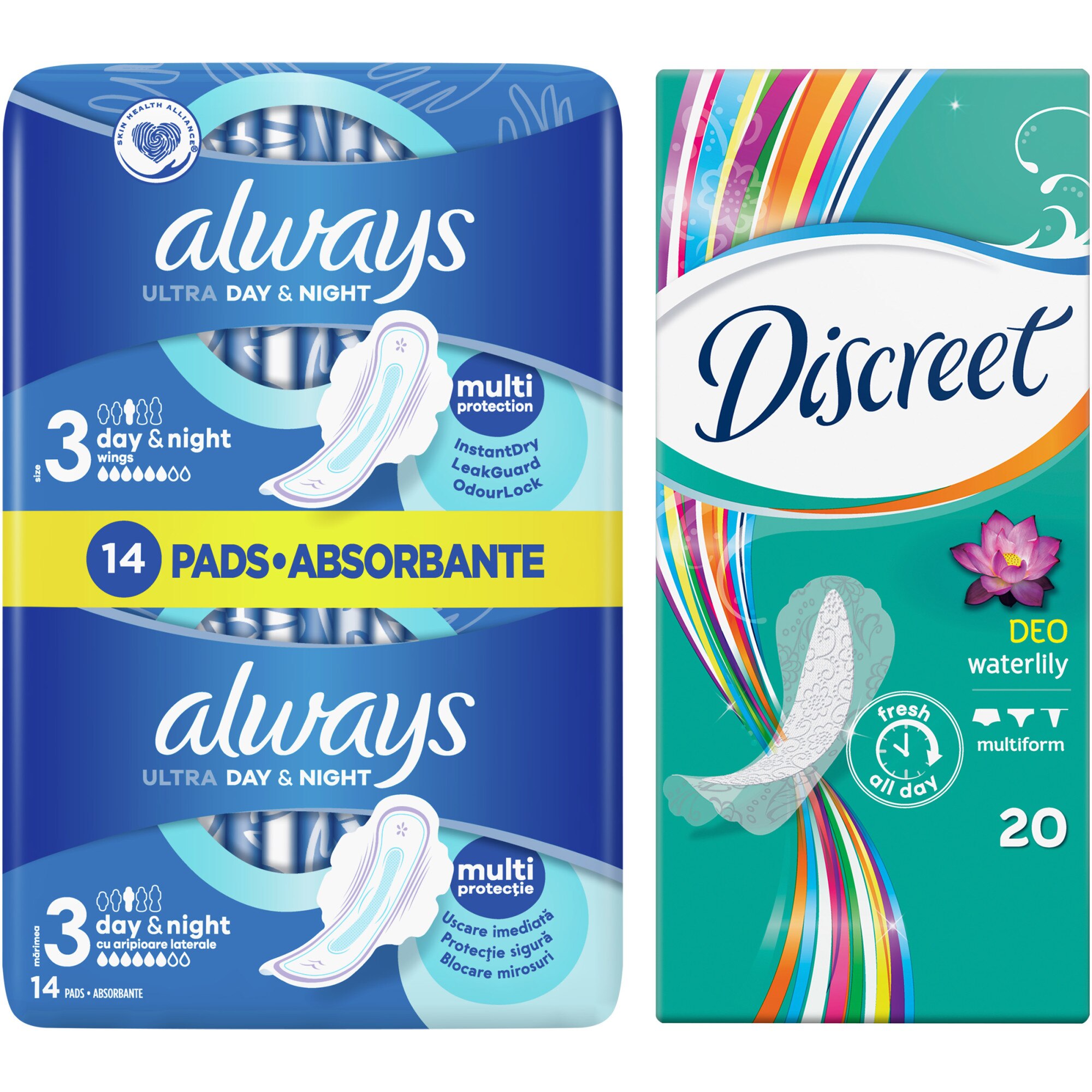 Pachet promo: Aborbante Always Ultra Day&Night, 14 buc + Absorbante zilnice Discreet Waterlily, 20 buc