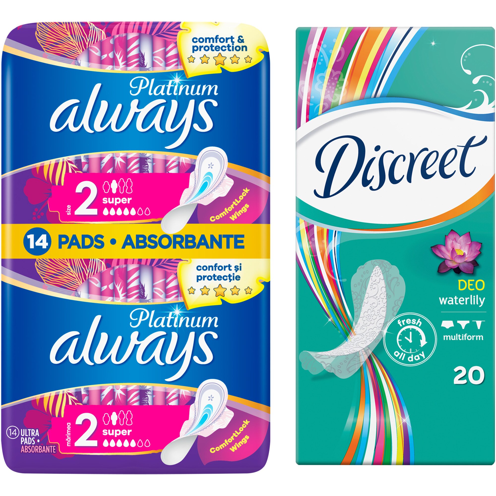 Pachet promo: Aborbante Always Platinum Super, 14 buc + Absorbante zilnice Discreet Waterlily, 20 buc