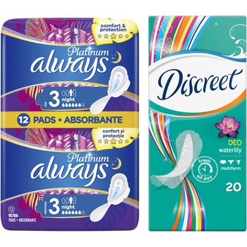Pachet promo: Aborbante Always Platinum Night, 12 buc + Absorbante zilnice Discreet Waterlily, 20 buc Pachet promo: Aborbante Always Platinum Night, 12 buc + Absorbante zilnice Discreet Waterlily, 20 buc
