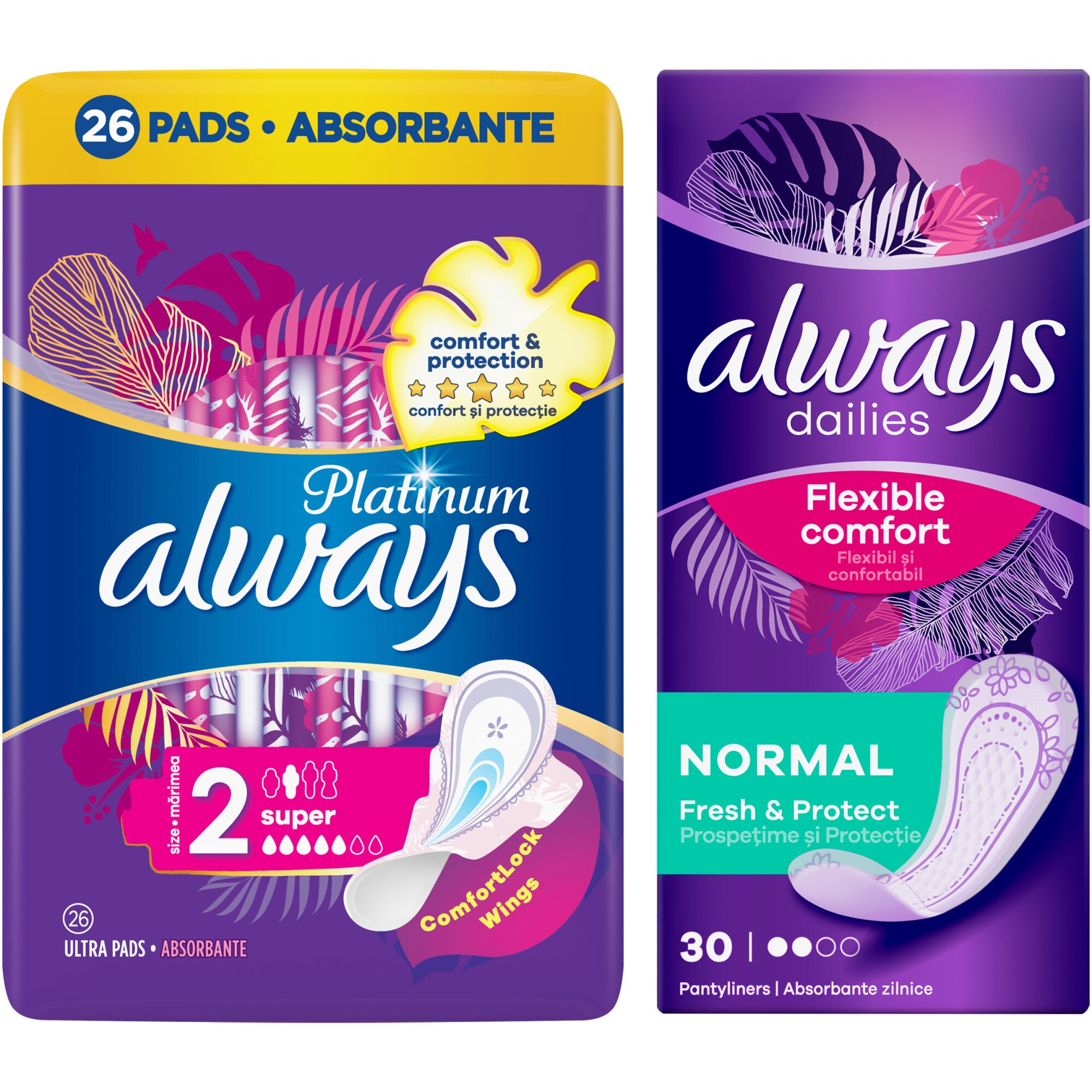 Pachet promo: Aborbante Always Platinum Super, 26 buc + Absorbante zilnice Always Dailies Normal, 30 buc