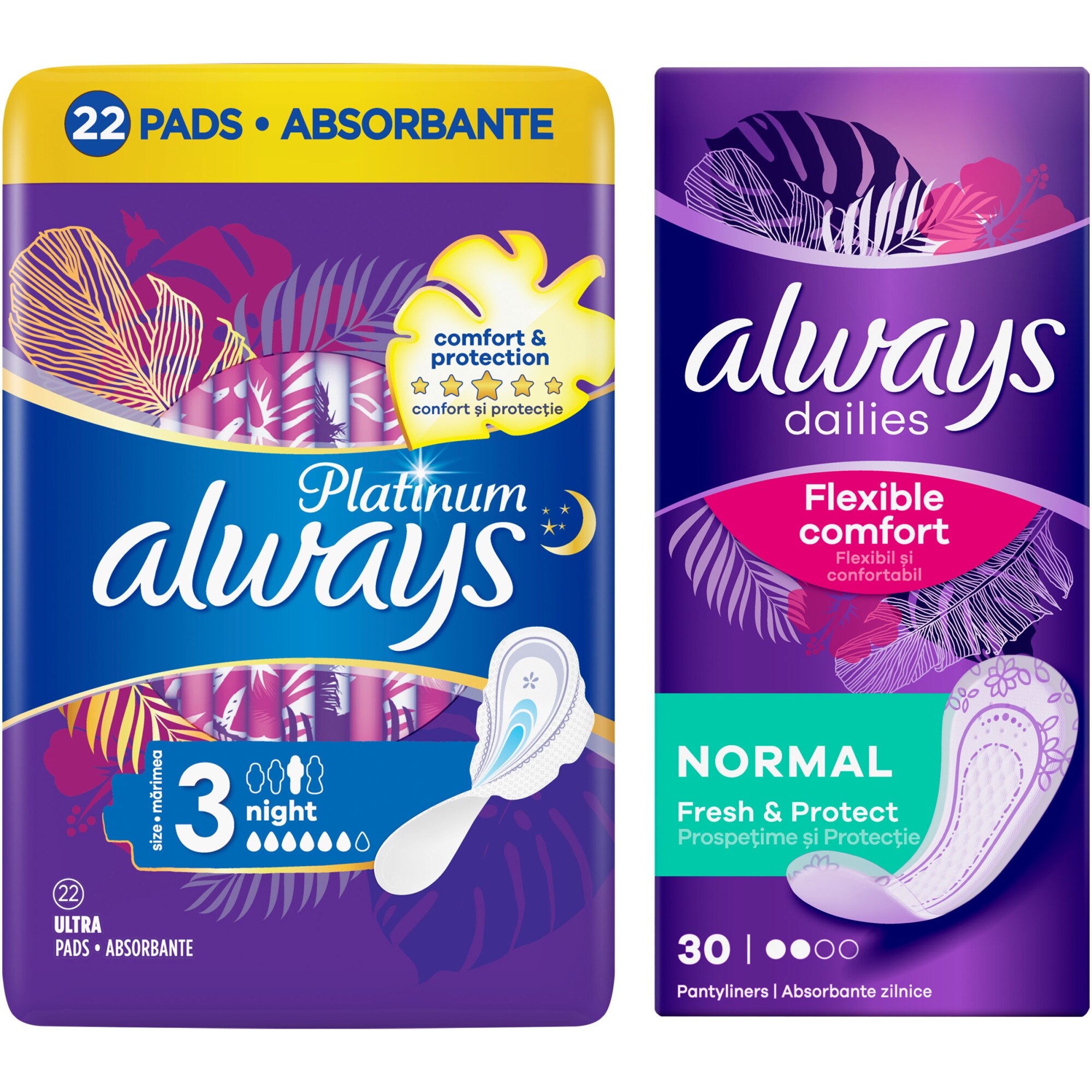 Pachet promo: Aborbante Always Platinum Night, 22 buc + Absorbante zilnice Always Dailies Normal, 30 buc