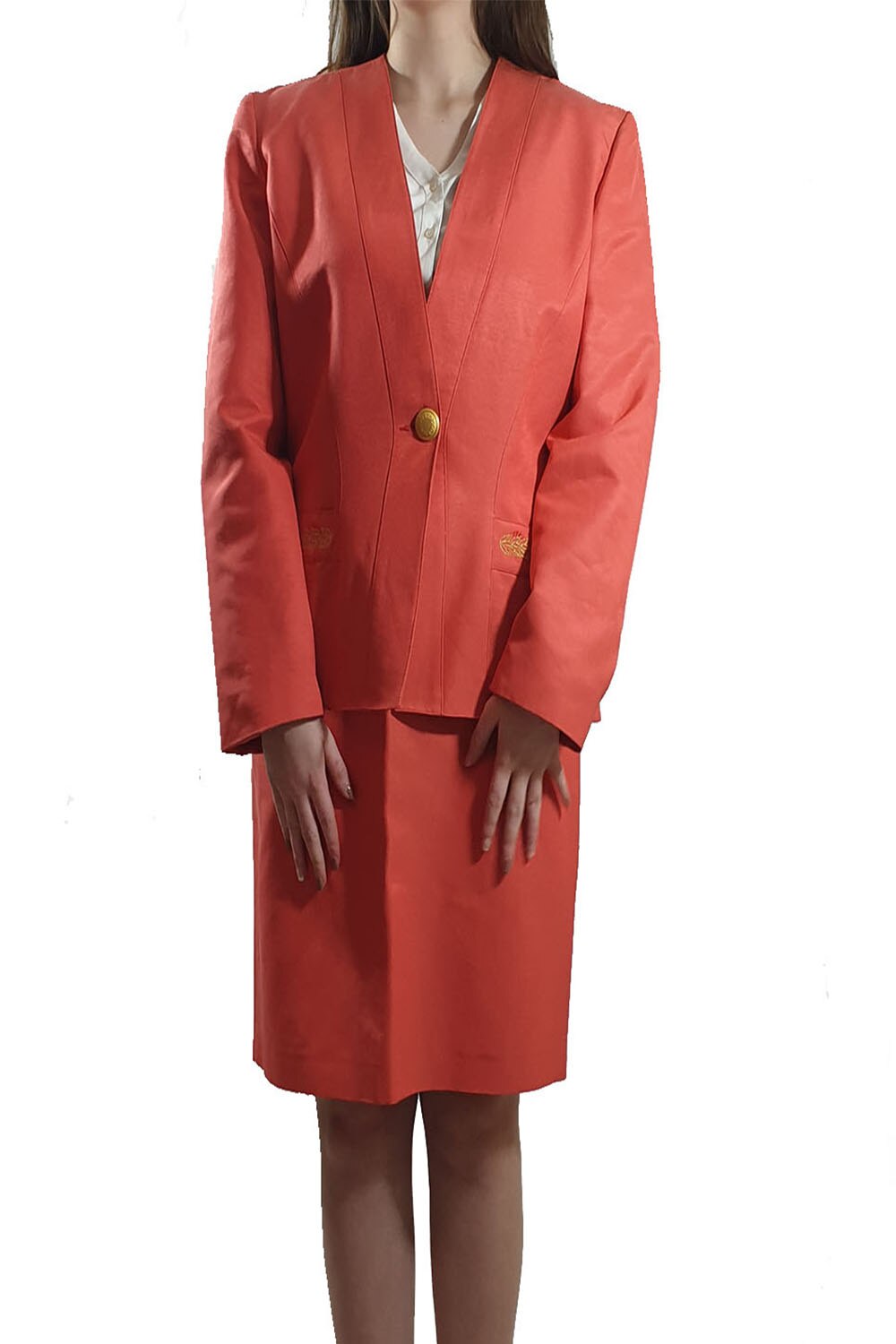 Costum dama Roccobarocco, portocaliu cu imprimeu floral si logo din lame auriu, Portocaliu, 42