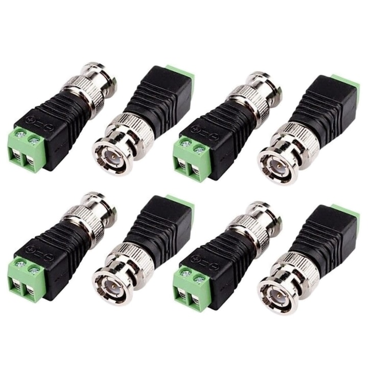 Set 8 conectori BNC cu 2 borne prindere, mufa tata, camere supraveghere video, pentru orice cablu (coaxial, retea, electric)