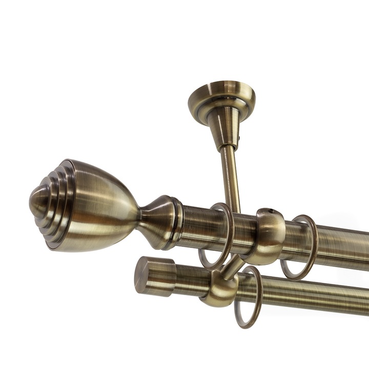 Galerie dubla bara simpla Pluton 25/19 cu prindere in tavan - auriu antic - 320 cm, cu accesorii pentru montaj