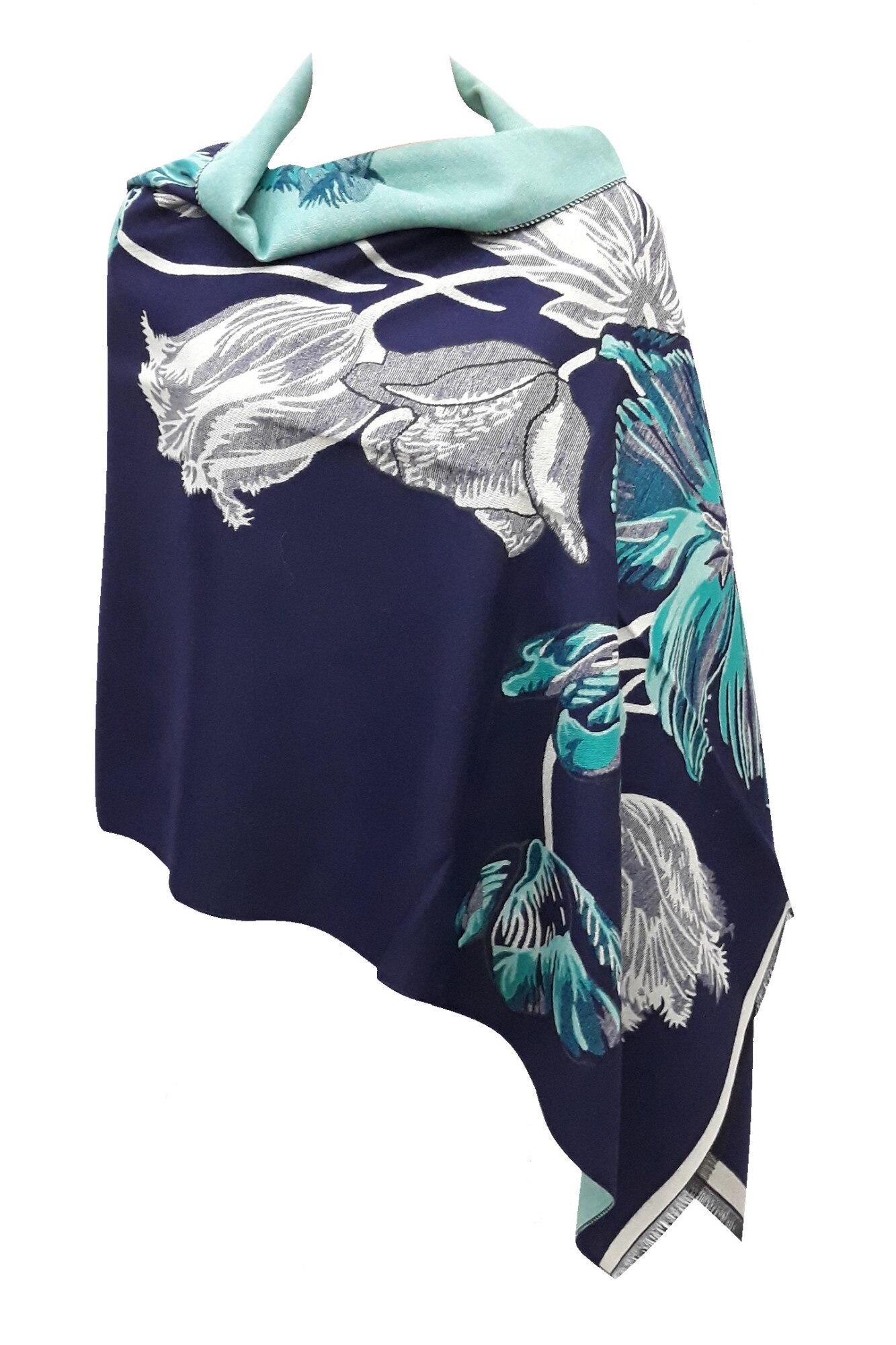 Sal dama, cu doua fete, bleumarin\ turcoaz , model floral, dimensiune 190x65 cm