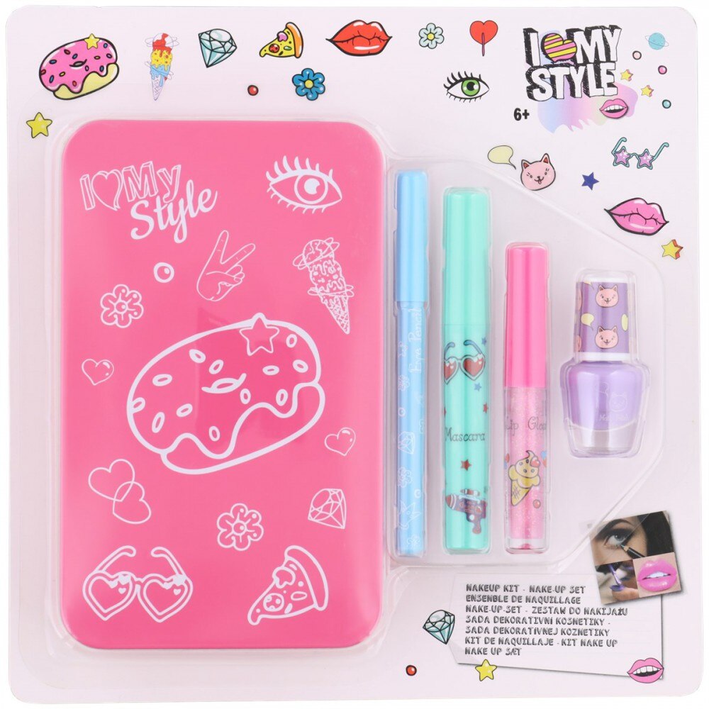Set de machiaj pentru copii cu cutiuta de depozitare din metal Roz