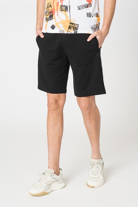 GUESS, Pantaloni scurti din amestec de bumbac cu logo aplicat, Negru