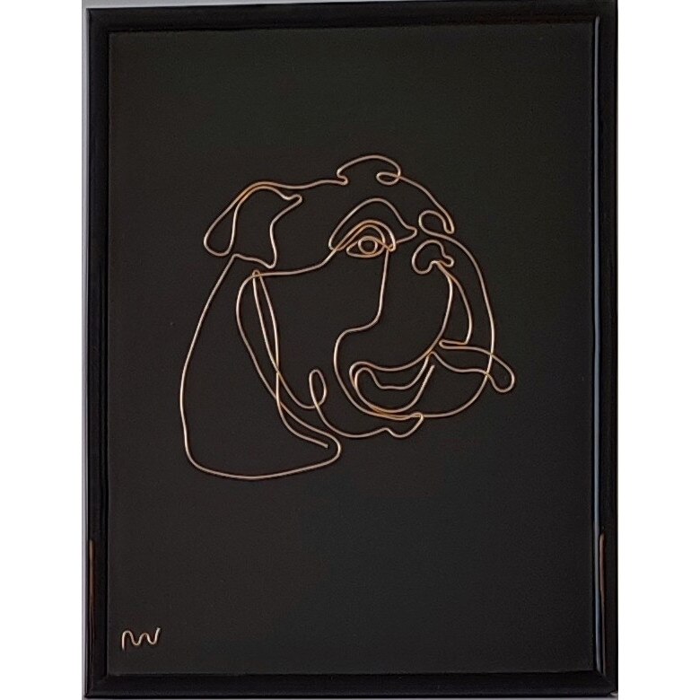 Tablou caine English Bulldog, sculptura in fir continuu de sarma placata cu aur 18x24 cm - cod.2235