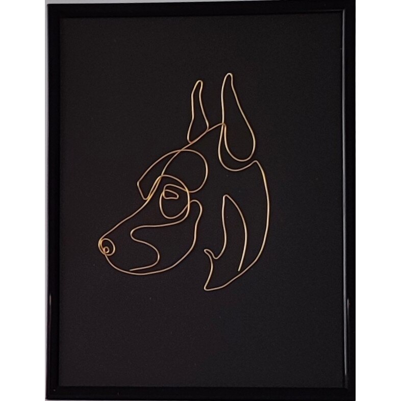 Tablou Dobermann Pinscher, sculptura in fir continuu de sarma placata cu aur, 18x24 cm - Cod.2234