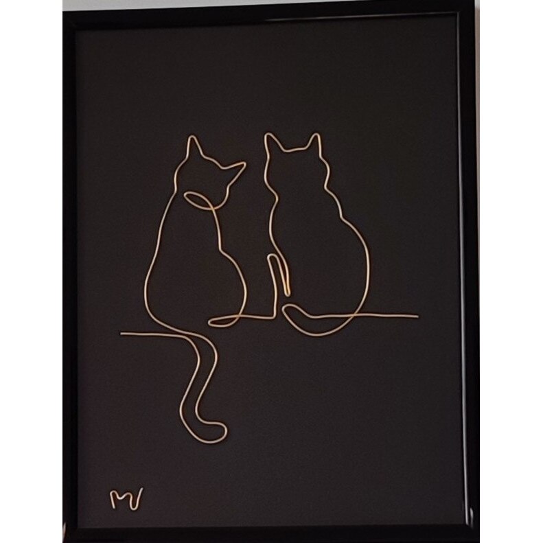 Tablou cu 2 pisici, sculptura in fir continuu de sarma placata cu aur 18x24 cm - cod.2237