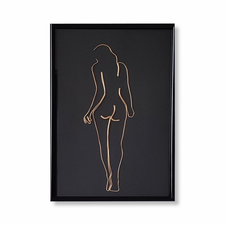 Tablou femeie nud pasind, sculptura in fir continuu de sarma placata cu aur 21x30 cm - cod.2239