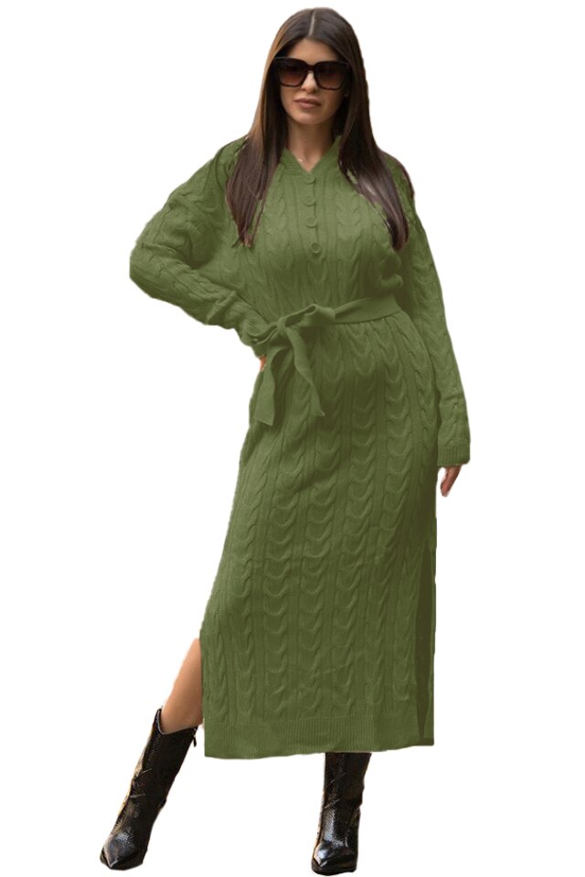 Rochie tricotata Melina cu gluga si cordon, Kaki, S-M