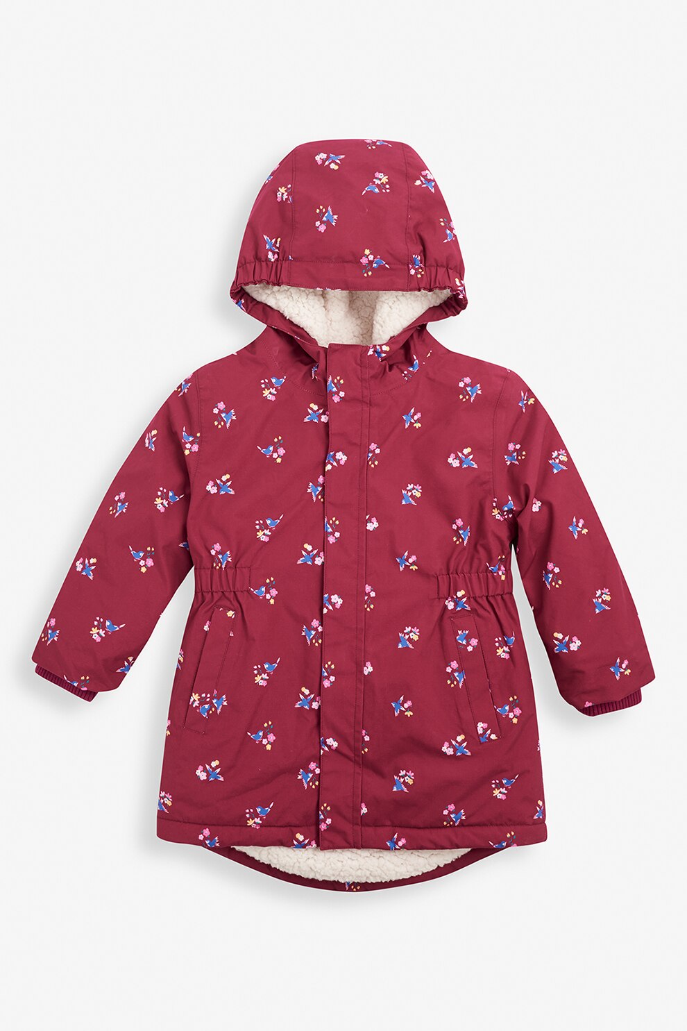 JoJo Maman Bebe, Jacheta parka impermeabila cu imprimeu si gluga, rosu Bordeaux, roz, albastru