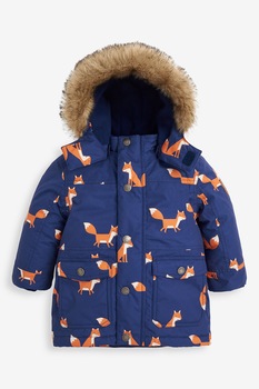 JoJo Maman Bebe, Jacheta parka cu imprimeu si gluga, bleumarin, oranj persan, 92 CM JoJo Maman Bebe, Jacheta parka cu imprimeu si gluga, bleumarin, oranj persan, 92 CM