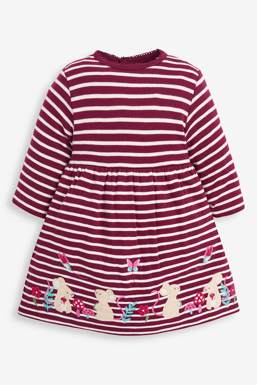 JoJo Maman Bebe, Rochie din jerseu cu dungi si aplicatie soarece, Rosu bordeaux/Alb/Roz