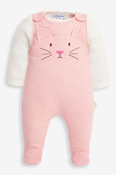 JoJo Maman Bebe, Set de body si salopeta - 2 piese, Roz/Alb JoJo Maman Bebe, Set de body si salopeta - 2 piese, Roz/Alb
