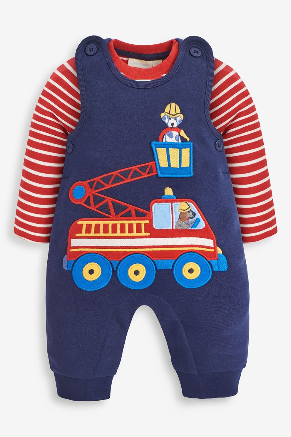 JoJo Maman Bebe, Set de bluza si salopeta cu broderii- 2 piese, Bleumarin/Rosu/Galben