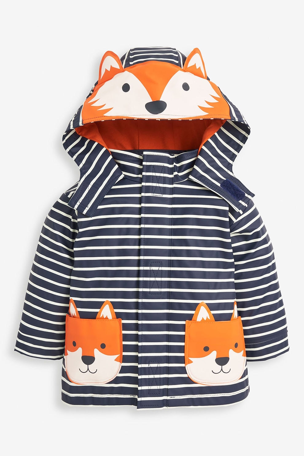 JoJo Maman Bebe, Pelerina de ploaie cu dungi si model vulpe, Bleumarin/Alb/Oranj