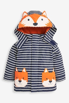 JoJo Maman Bebe - Раиран дъждобран с дизайн на лисица, Тъмносин, бял, оранжев