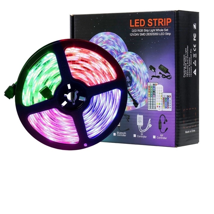 Kit Banda LED JustZEN™ RGB, Wi-FI, Control Din Telefon, Telecomanda, Lumina Multicolora, 5 metri, Schimbare Culori Pe ritmul Muzicii, Control Vocal