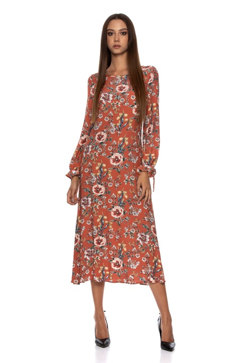 Női alkalmi ruha, NATIVE, virágos, viszkóz, tégla