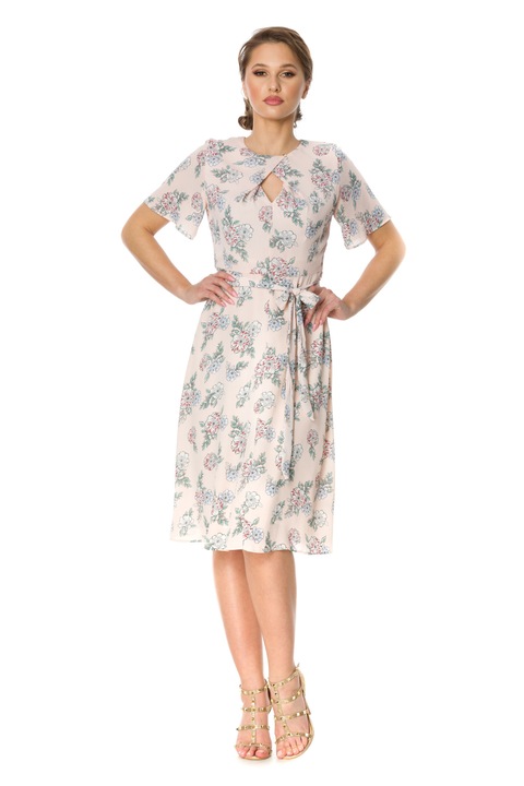 Alkalmi női ruha, NATIVE, virágos, poliészter, halvány rózsaszín