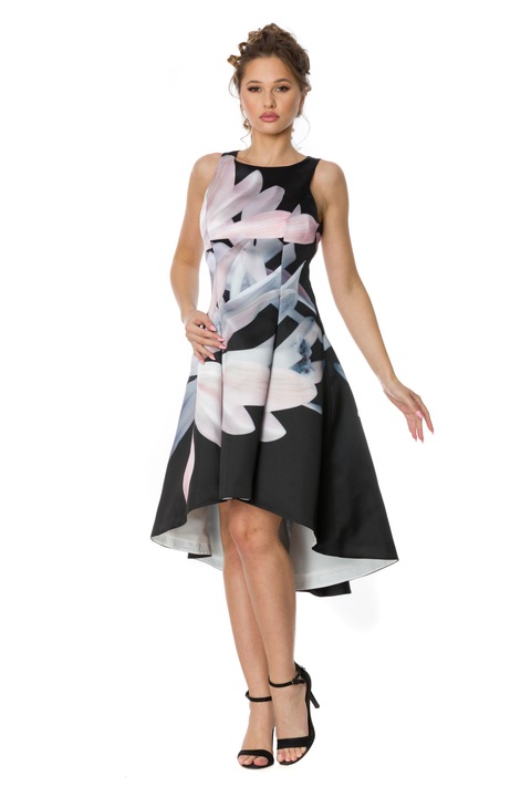 Elegáns női ruha, Nativ, virágos, poliészter, fekete