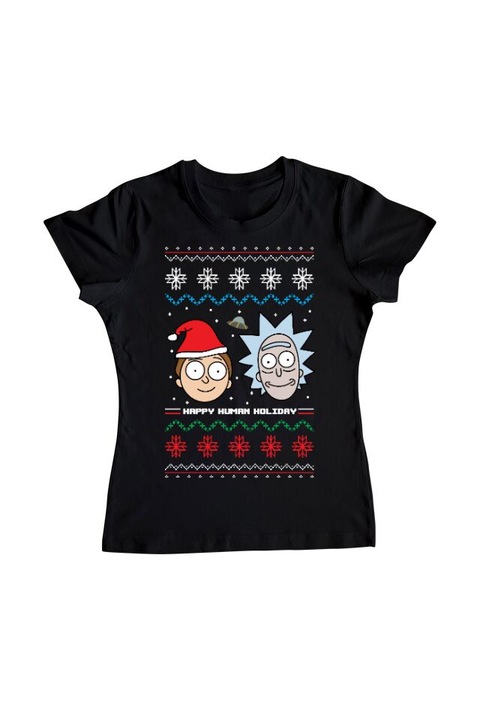 Tricou femei, Printado, rick and morty christmas, Bumbac, Regular fit, Negru, 2XL INTL