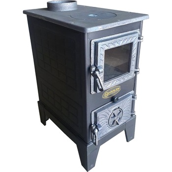 Godin de Gatit Samotat cu Lemne si Combustibil Solid Harlem® Black , Cu usa transparenta , Evacuare 130 mm, Tabla Emailata, Negru Godin de Gatit Samotat cu Lemne si Combustibil Solid Harlem® Black , Cu usa transparenta , Evacuare 130 mm, Tabla Emailata, Negru