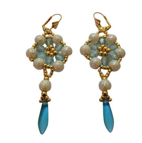 Cercei handmade din cristale bleu si perle de sticla gofrate