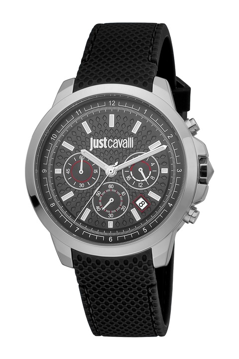 JUST CAVALLI, Часовник с хронограф и силиконова каишка, Черен / сребрист