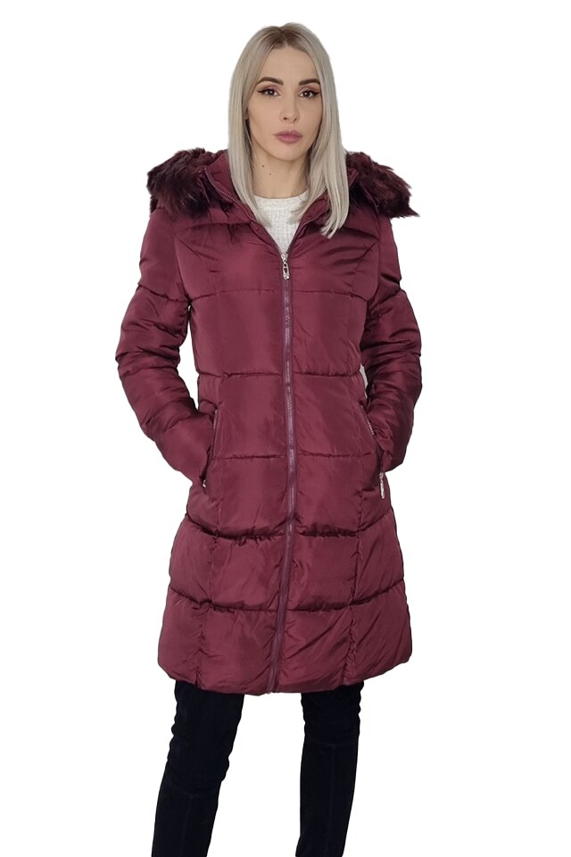 Geaca lunga Amenea, cu gluga si blanita detasabile, Bordo