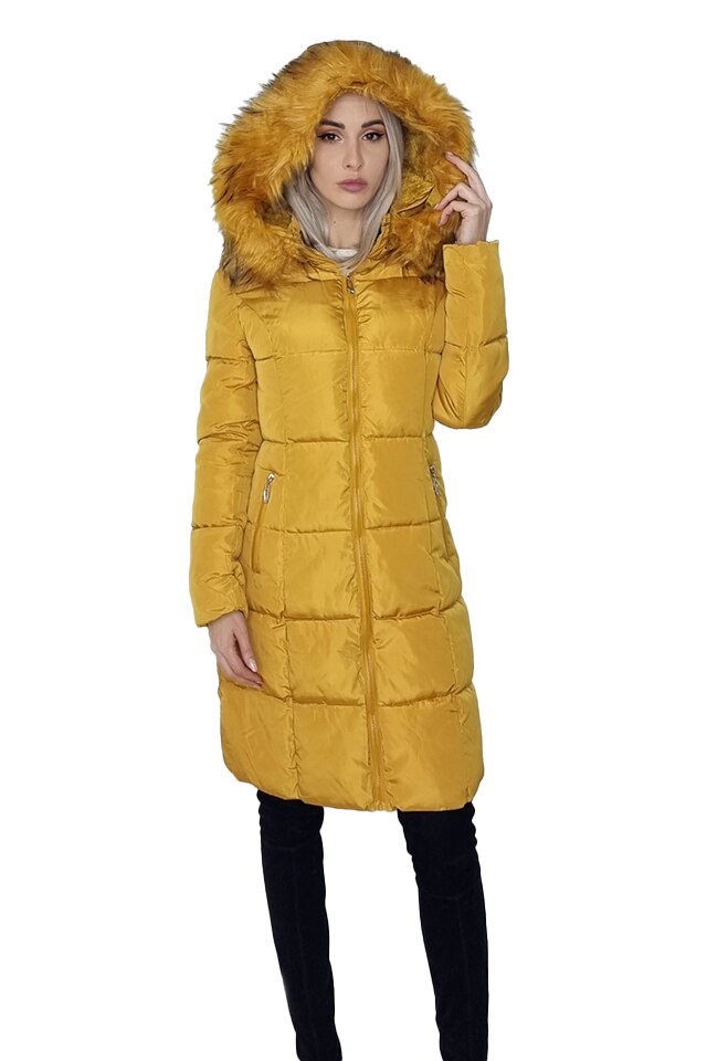 Geaca lunga Amenea, cu gluga si blanita detasabile, Mustar