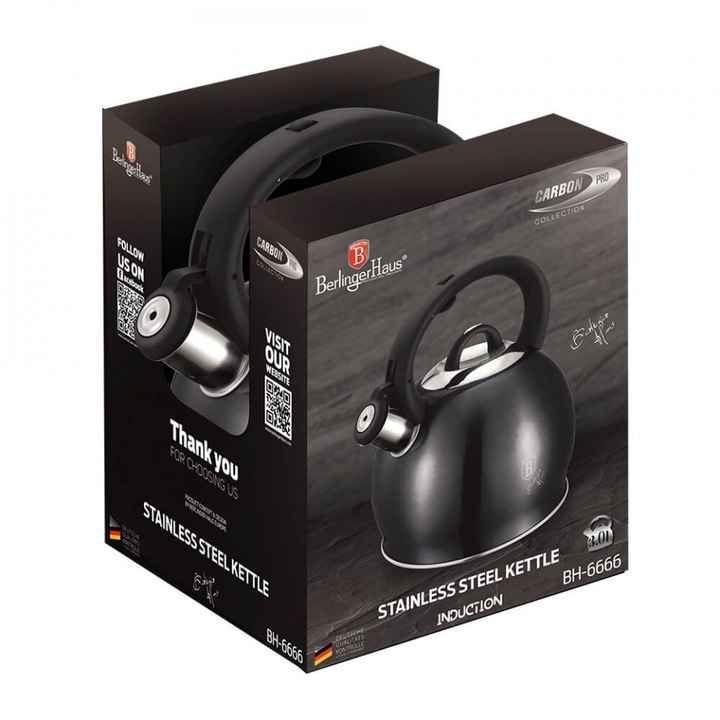Ceainic din otel inoxidabil cu fluier 3 Litri Metallic Line Carbon Pro Edition BerlingerHaus BH 6666