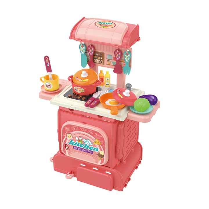 Rucsac-bucatarie pentru copii, Chippo, 2 in 1, 37 piese, Roz, 50x38x23 cm