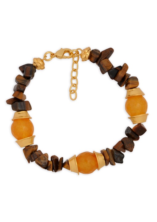 Bratara chips ochi de tigru, agate galbene si separatoare, placata cu aur de 24 K, lungime 18 - 20.5 cm