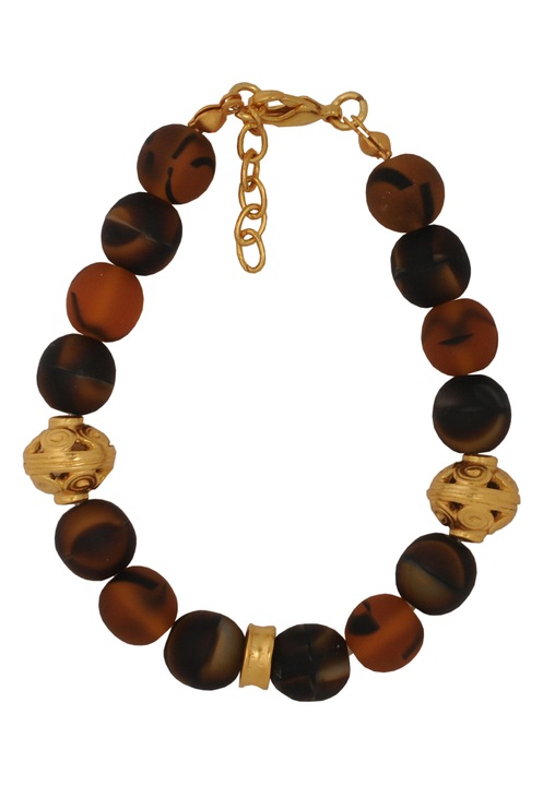 Bratara cu cristale ochi de tigru maro si separatoare, placata cu aur de 24 K, lungime 18.5 - 21 cm