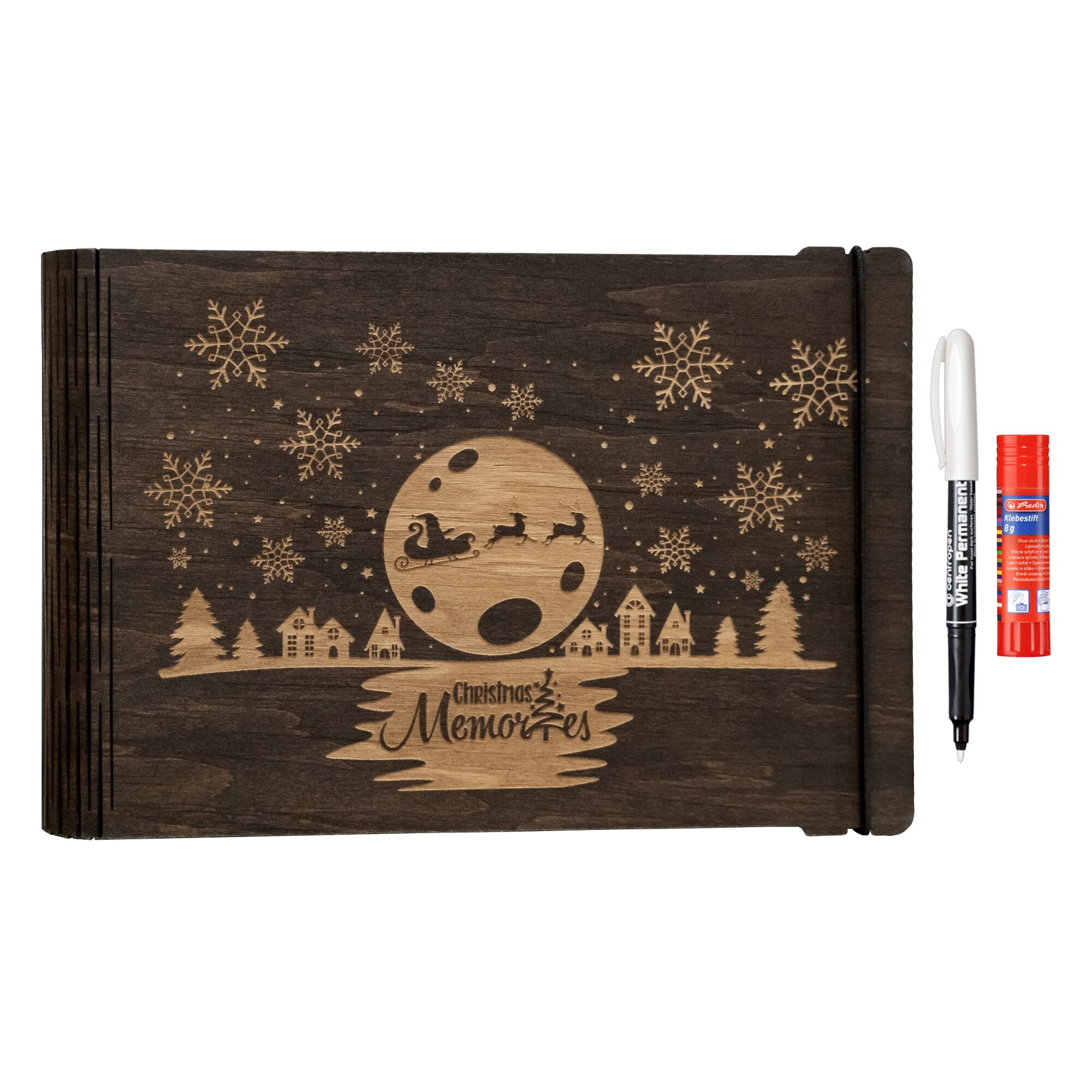 Album foto / GuestBook din lemn VintageBox realizat prin gravare model Poveste de Craciun, Christmas Memory, Nuc inchis