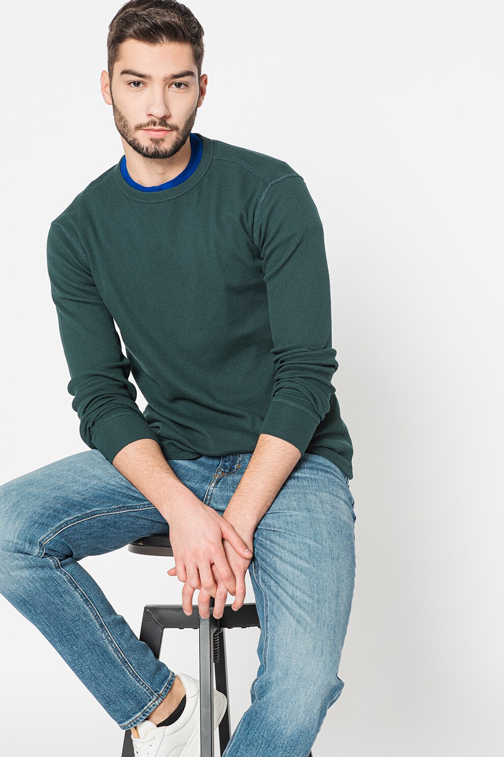 GAP, Bluza din amestec de bumbac cu aspect texturat, Verde englez