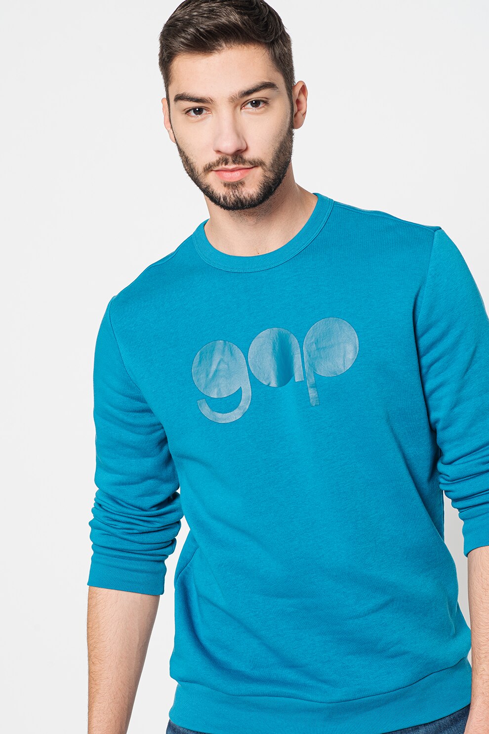 GAP, Bluza sport cu decolteu la baza gatului si imprimeu logo, Bleu