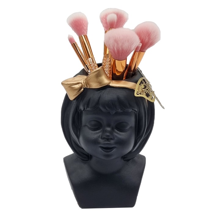Pachet suport ceramic Girl, Negru, cu set pensule incluse, 21 cm